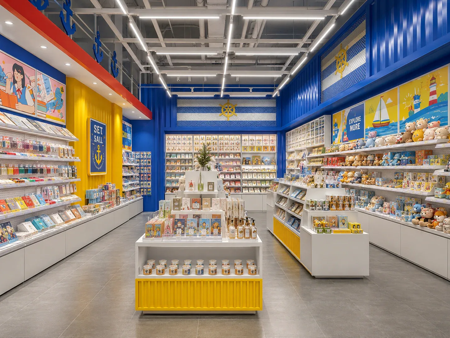 Blue and Yellow Toy Store Shelving Layout