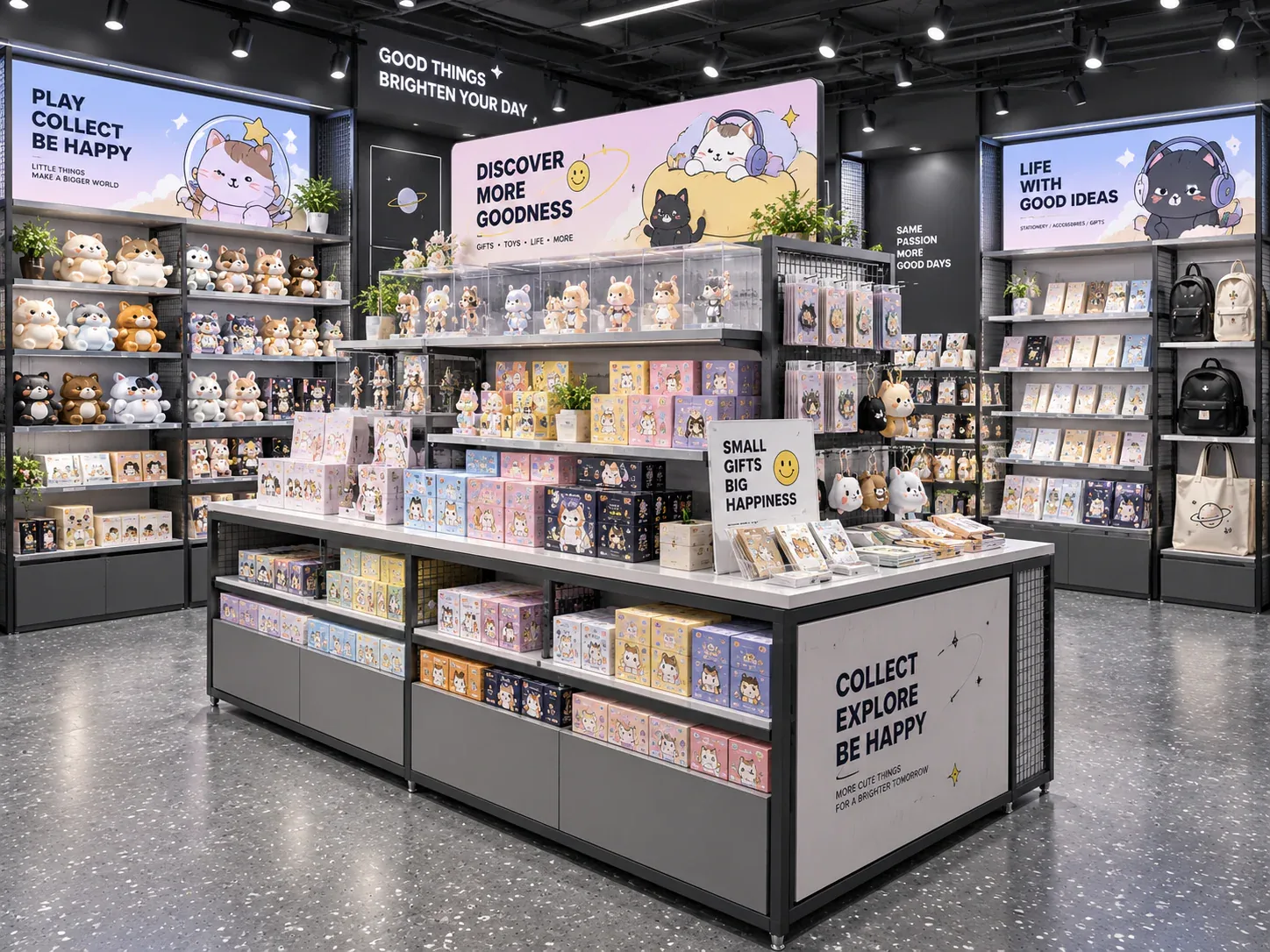 Monochrome Collectible Store with Stepped Islands — reference view 2 of 6