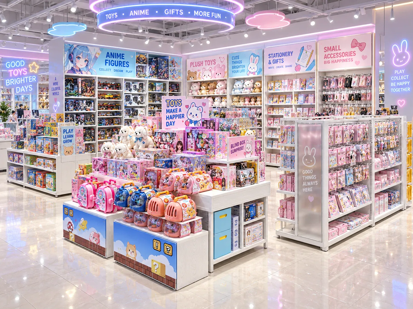 Pastel Toy Shop with Tall White Display Bays
