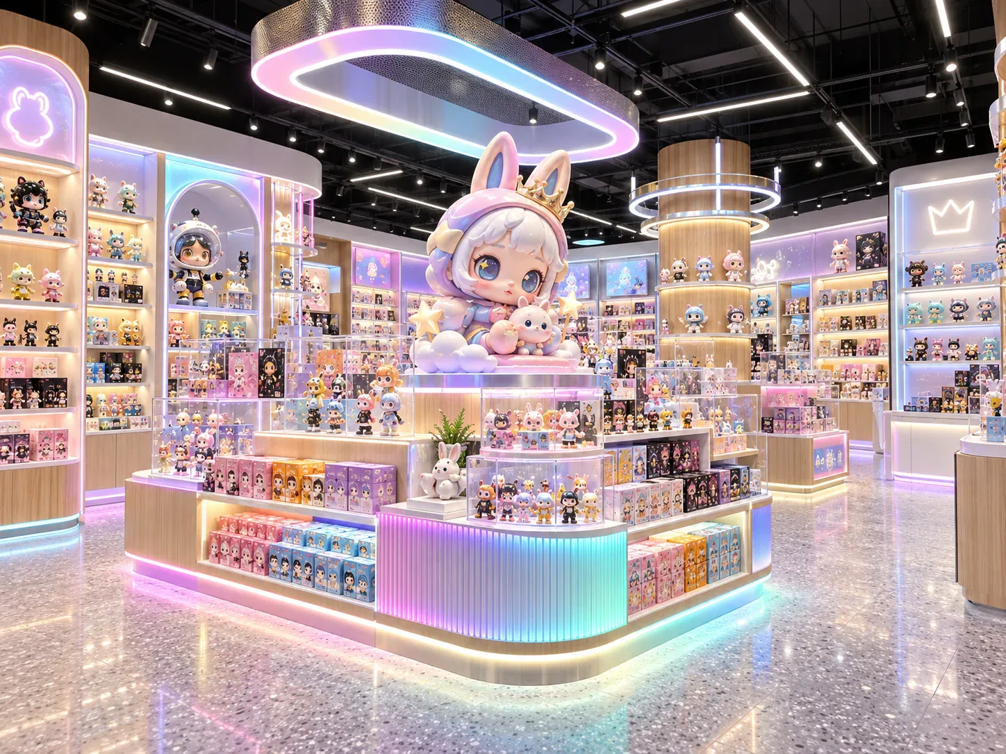Iridescent Toy Display Island with Pastel Lighting