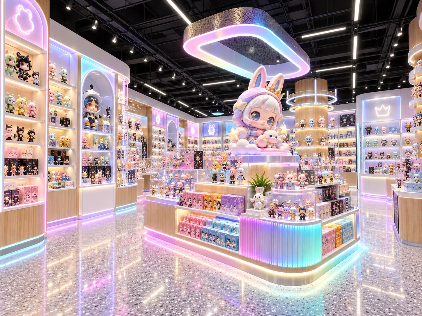 Iridescent Toy Display Island with Pastel Lighting — reference view 2 of 6
