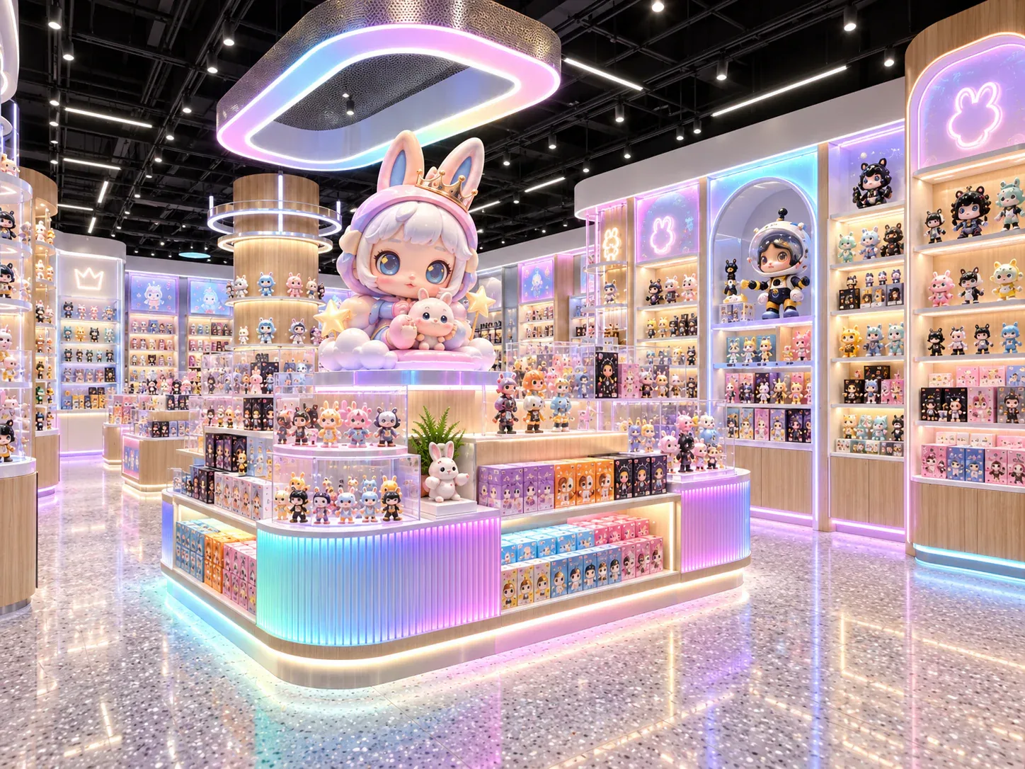Iridescent Toy Display Island with Pastel Lighting — reference view 3 of 6