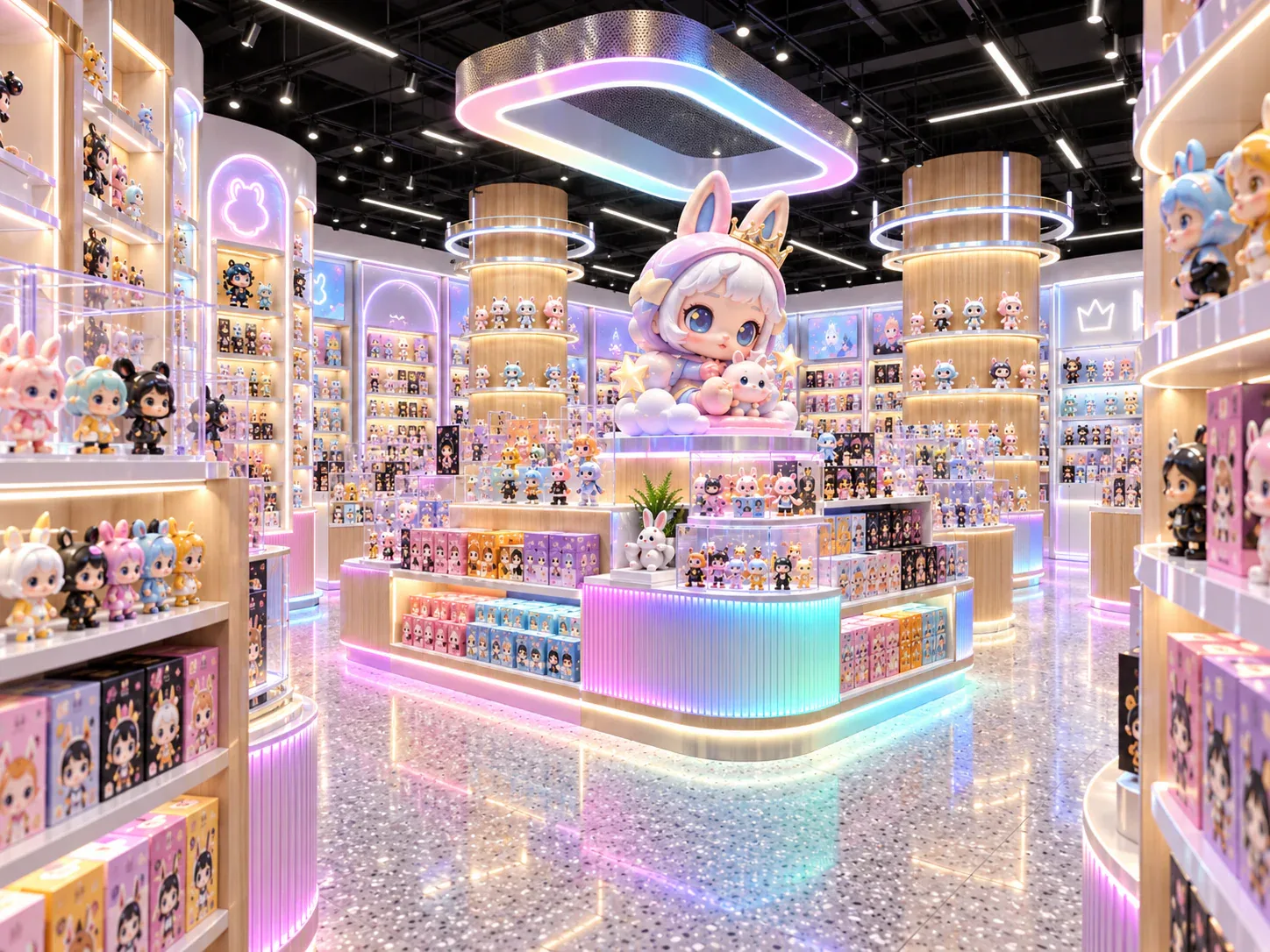Iridescent Toy Display Island with Pastel Lighting — reference view 5 of 6