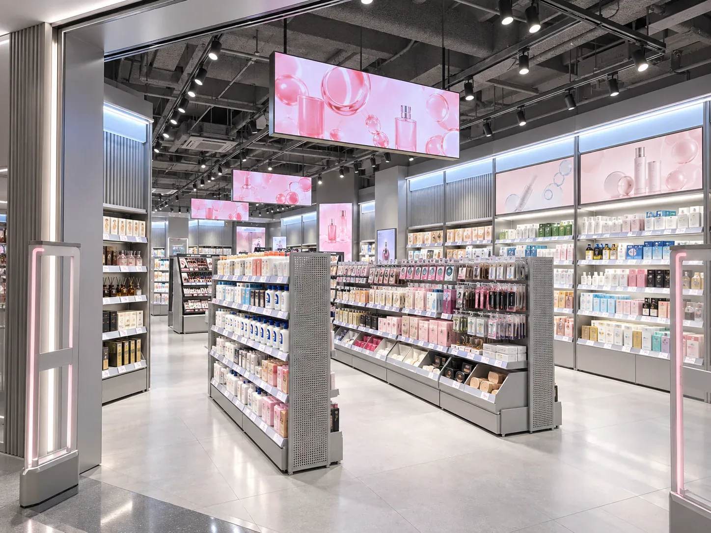 Gray Toy Shop Entrance with Suspended Pink Graphics