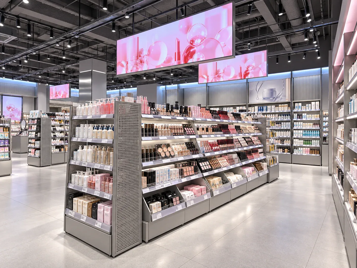 Gray Toy Shop Entrance with Suspended Pink Graphics — reference view 2 of 6