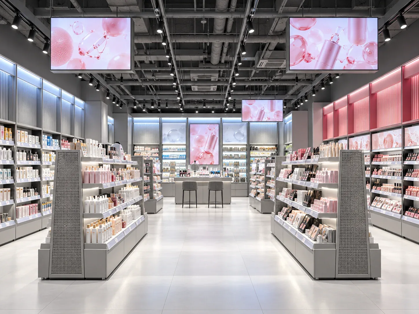 Gray Toy Shop Entrance with Suspended Pink Graphics — reference view 3 of 6