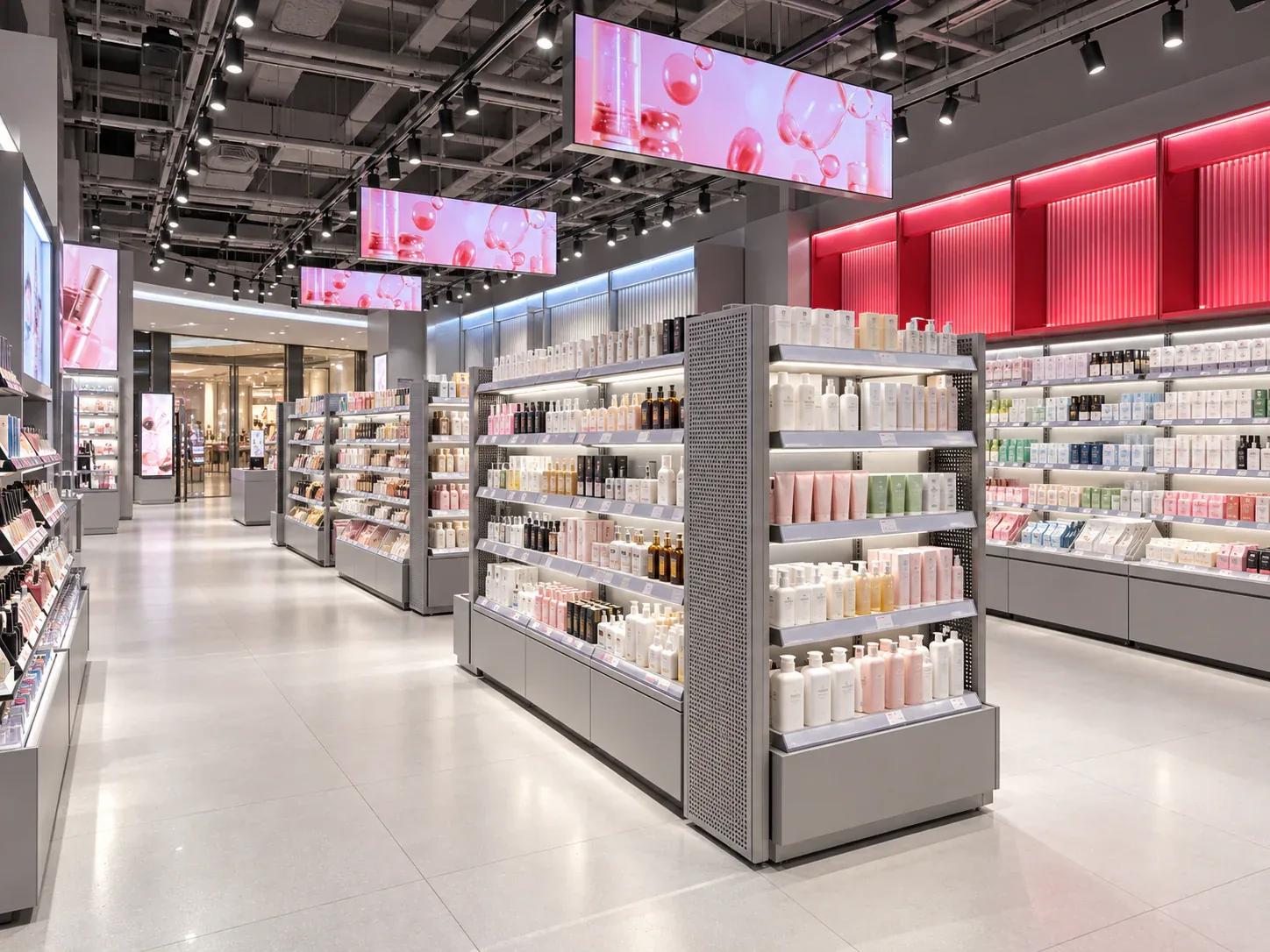 Gray Toy Shop Entrance with Suspended Pink Graphics — reference view 4 of 6