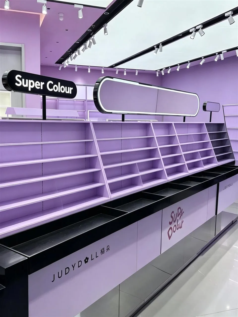 Lavender Sloped Display Table and Empty Wall Bays — reference view 3 of 5