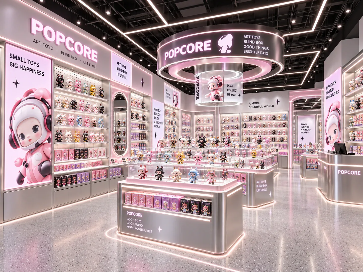 Pink and Gray Toy Store with Circular Overhead Sign — reference view 2 of 6