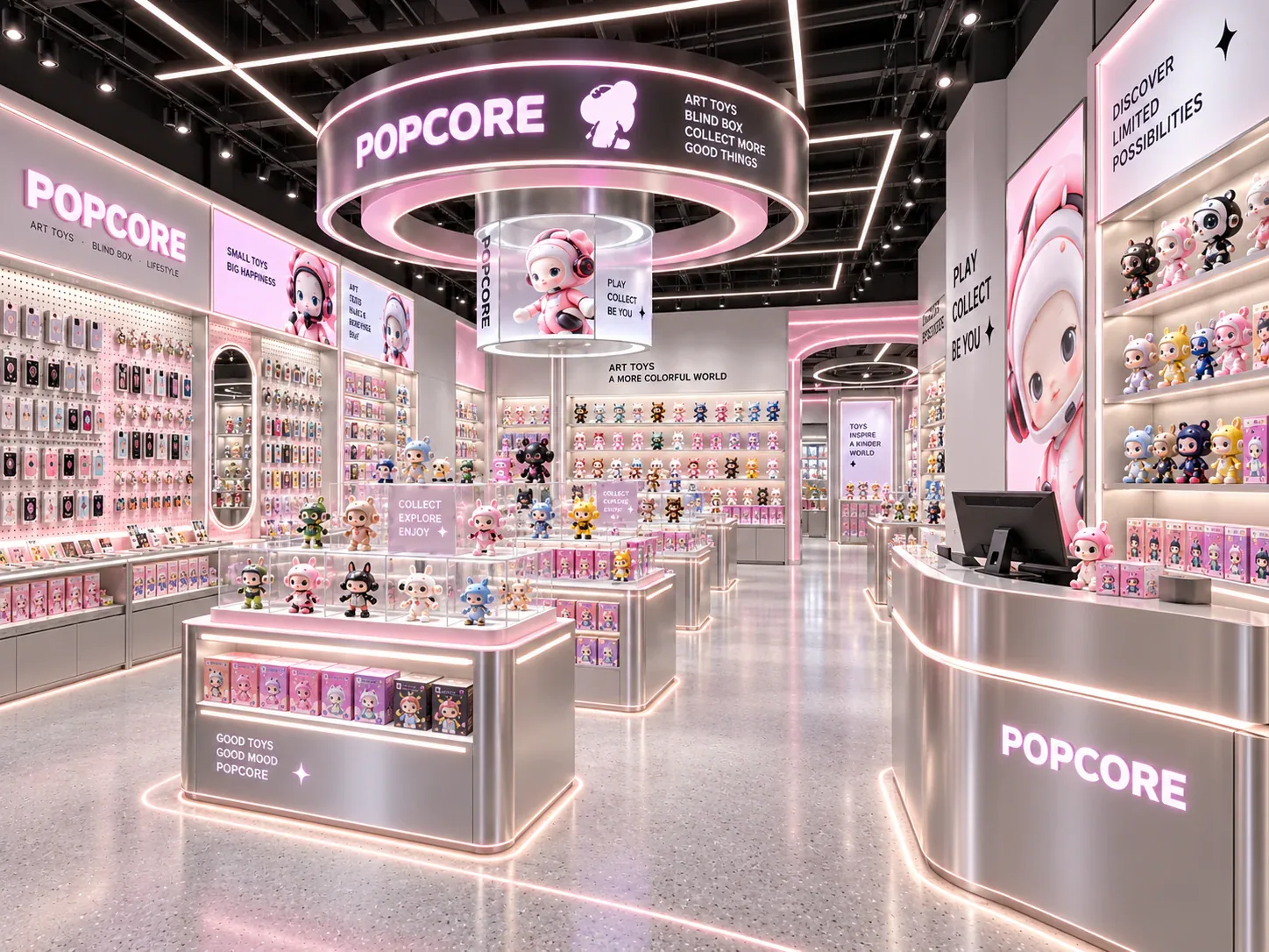 Pink and Gray Toy Store with Circular Overhead Sign — reference view 3 of 6