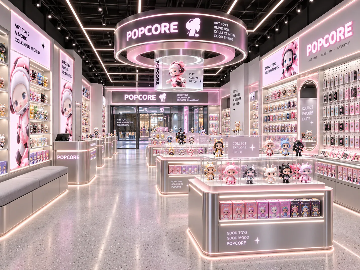Pink and Gray Toy Store with Circular Overhead Sign — reference view 4 of 6
