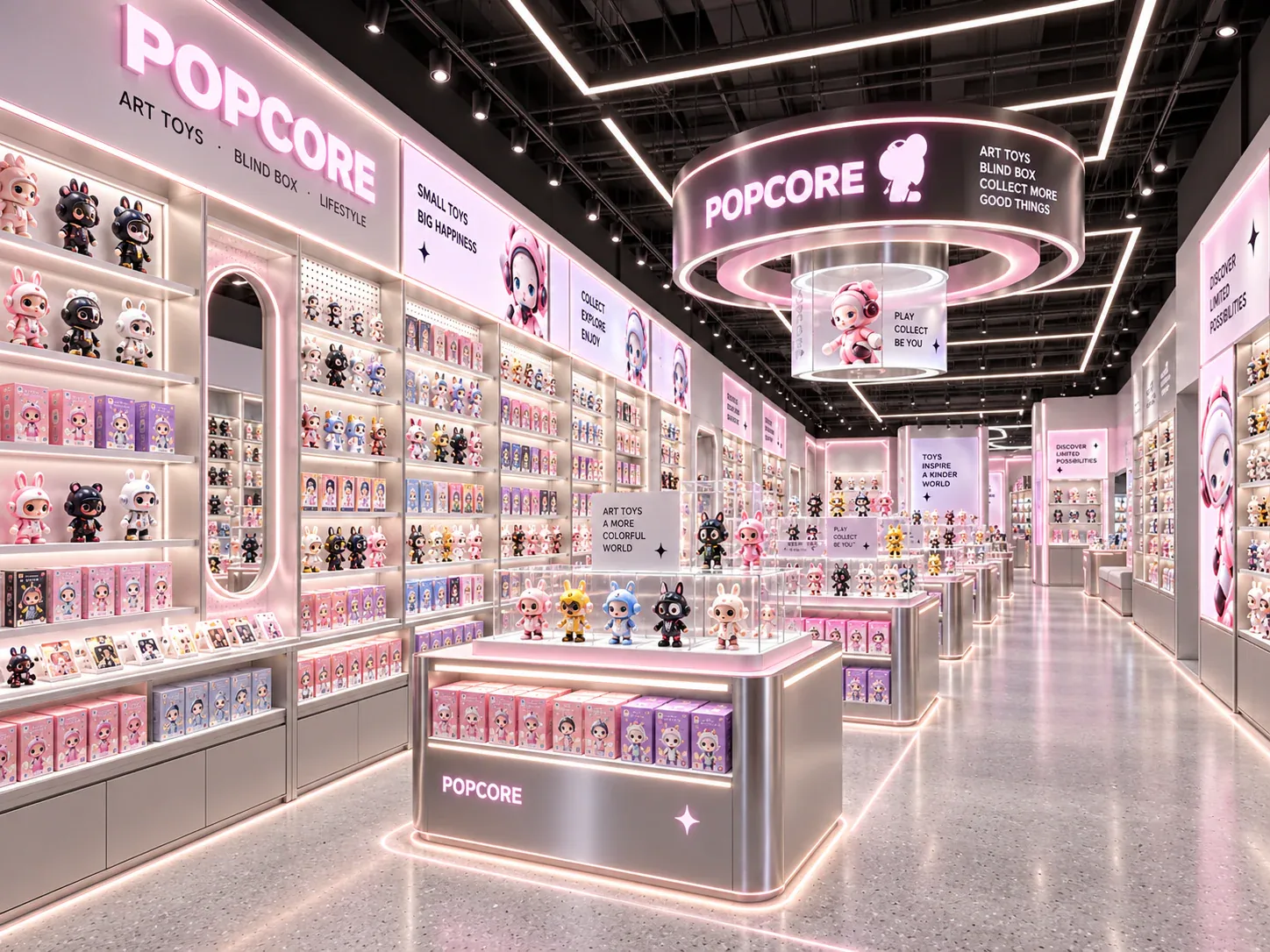Pink and Gray Toy Store with Circular Overhead Sign — reference view 5 of 6