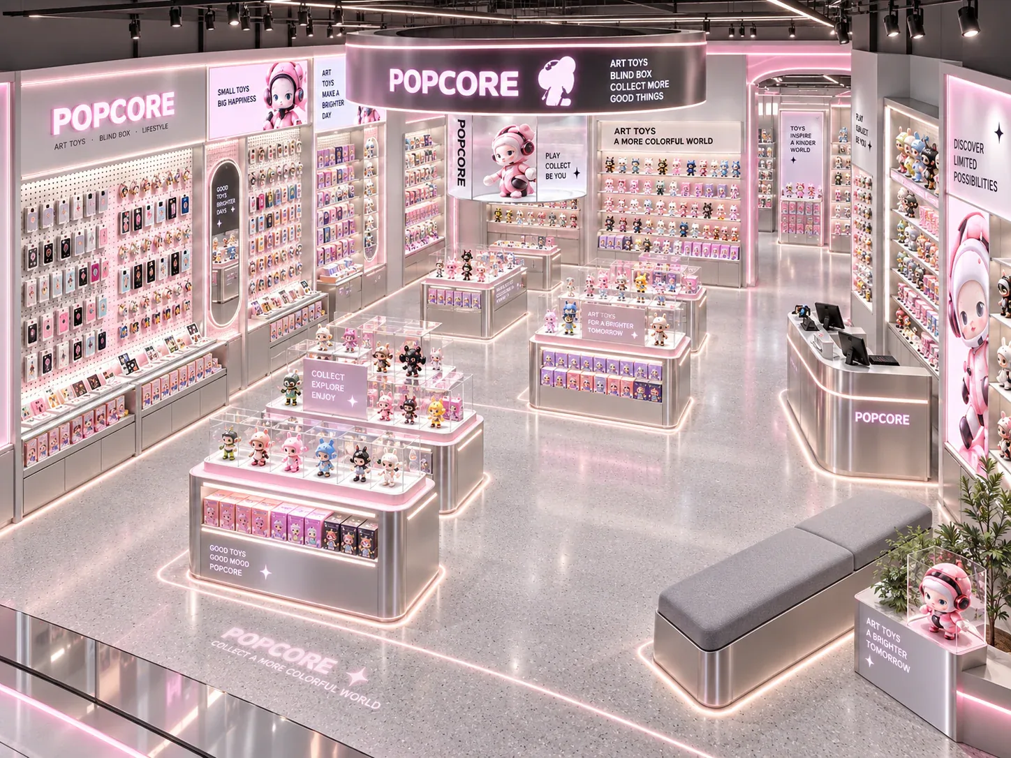 Pink and Gray Toy Store with Circular Overhead Sign — reference view 6 of 6