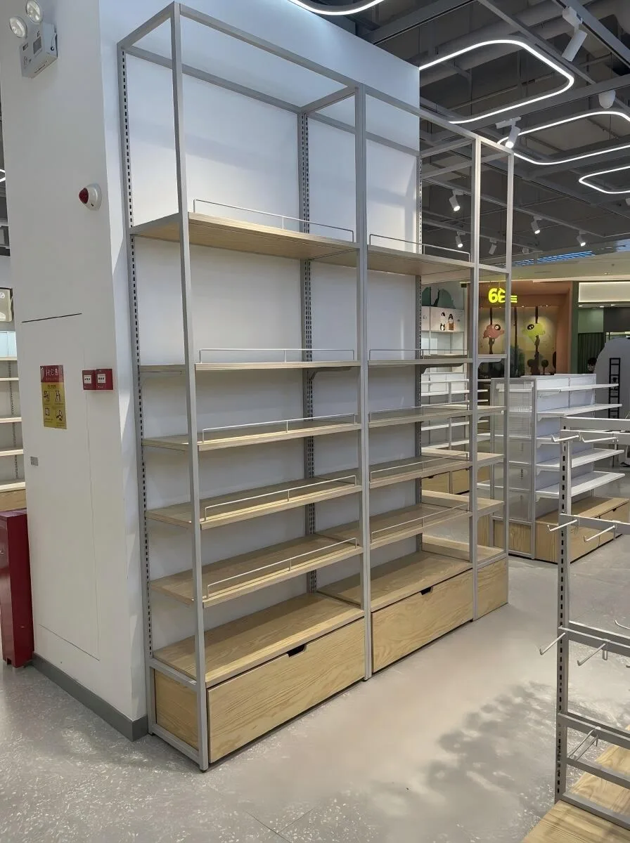 Tall Open-Frame Retail Shelf with Wood Base
