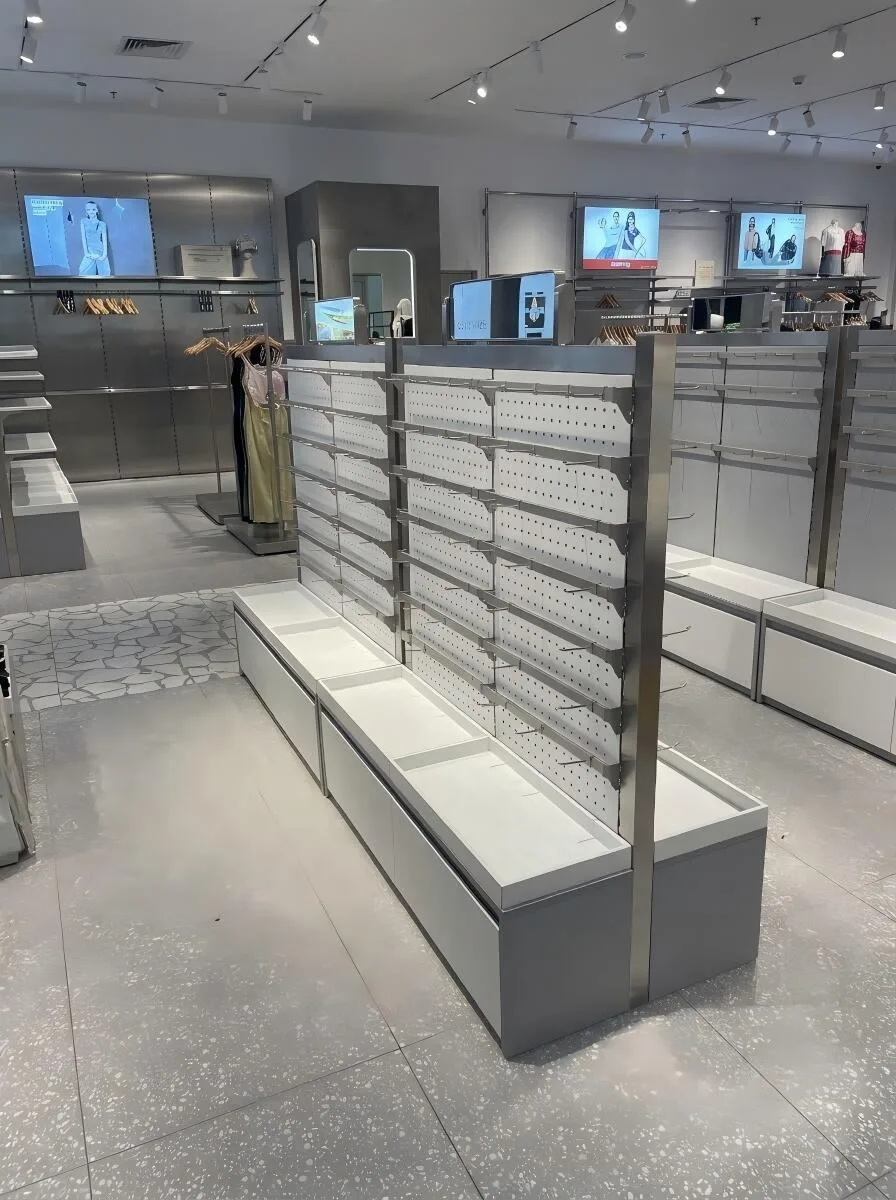 Tall Open-Frame Retail Shelf with Wood Base — reference view 10 of 15