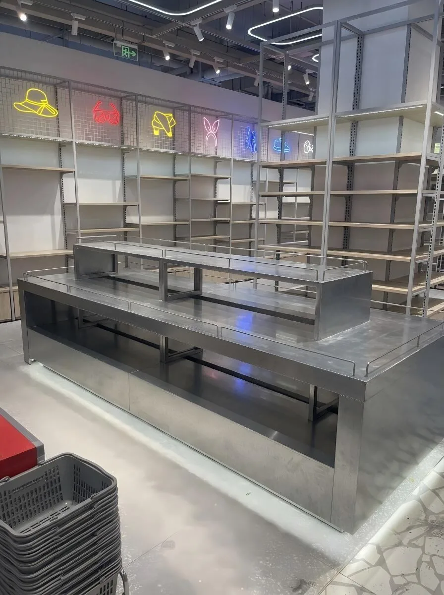 Tall Open-Frame Retail Shelf with Wood Base — reference view 12 of 15