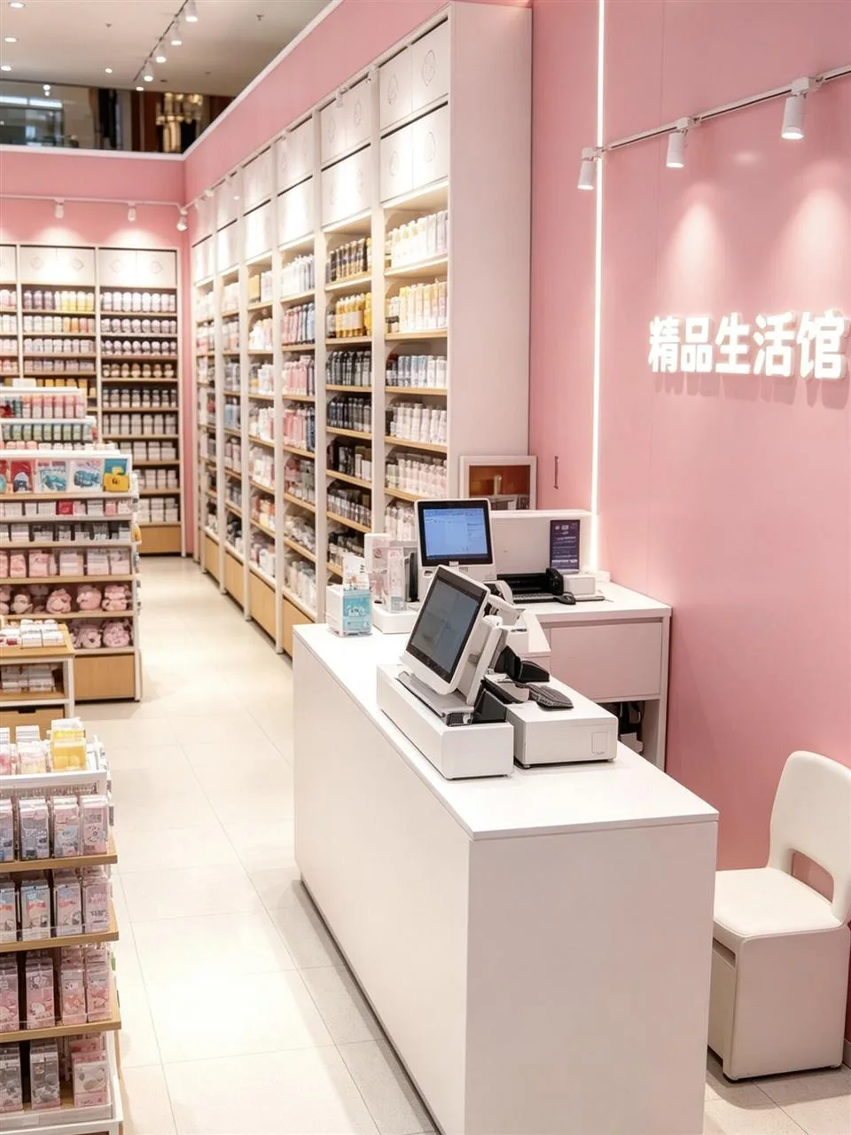 Pale Checkout Counter beside a Pink Feature Wall