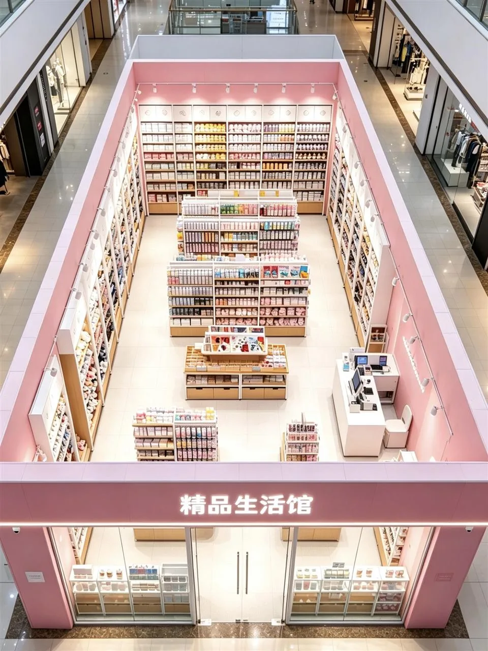 Pale Checkout Counter beside a Pink Feature Wall — reference view 4 of 5