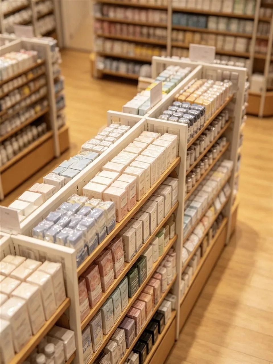 Long Wood Merchandise Island with Boxed Product Rows