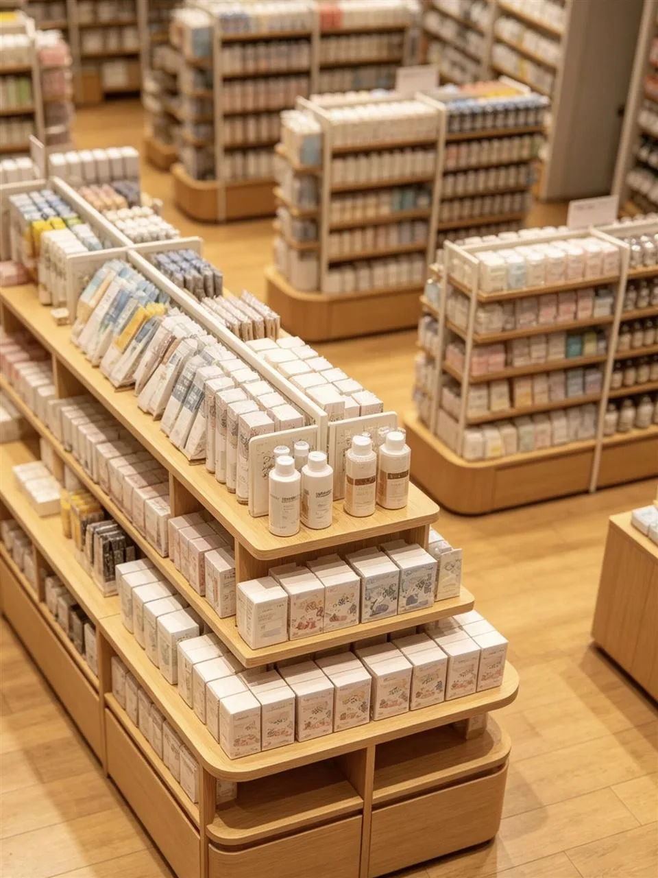 Long Wood Merchandise Island with Boxed Product Rows — reference view 2 of 4