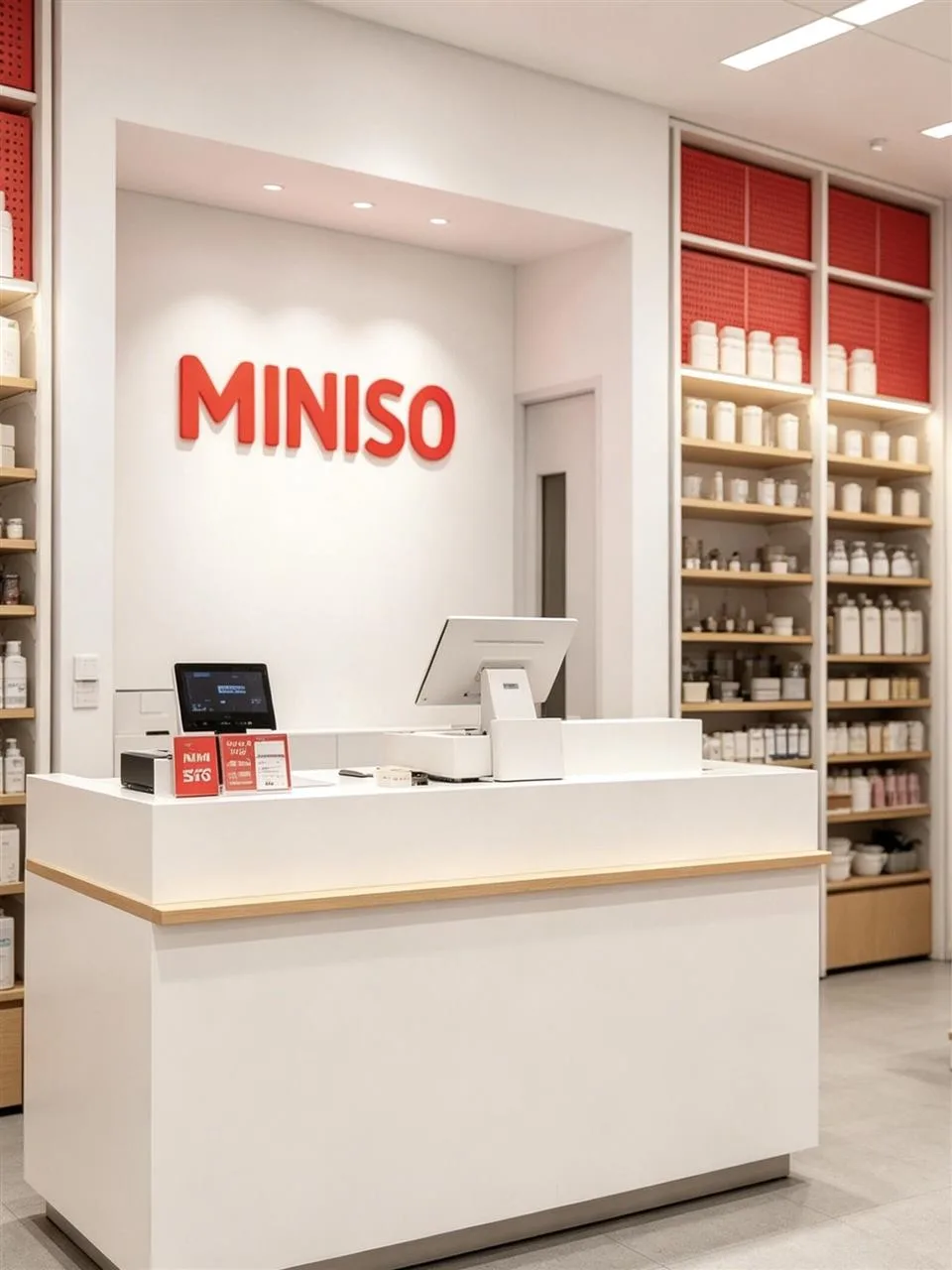 White Checkout Counter with Warm Trim and Rear Shelves