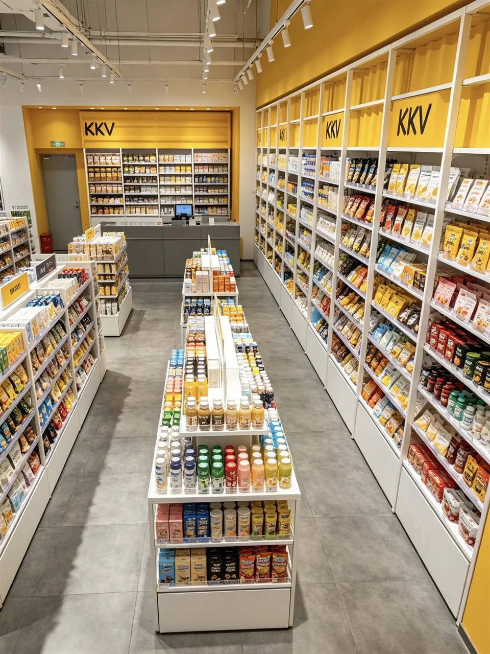 Gray Checkout Counter beside Yellow Wall Bays — reference view 2 of 5