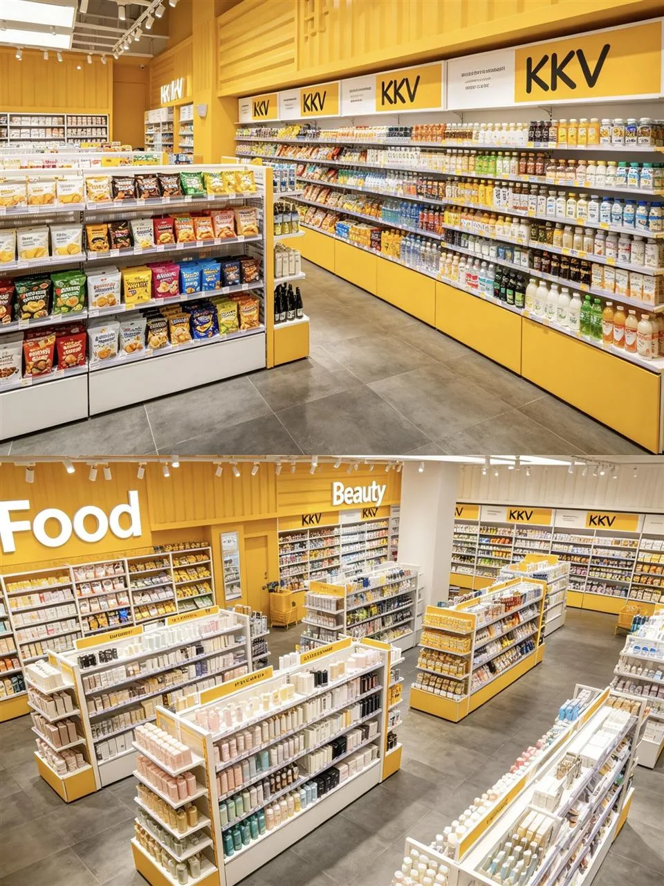 Gray Checkout Counter beside Yellow Wall Bays — reference view 3 of 5