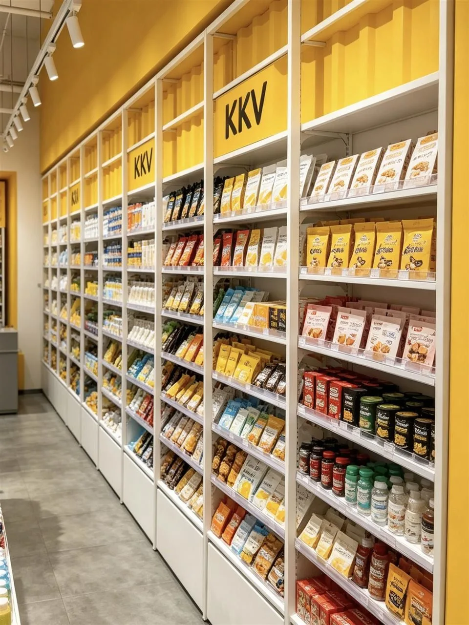 Gray Checkout Counter beside Yellow Wall Bays — reference view 4 of 5