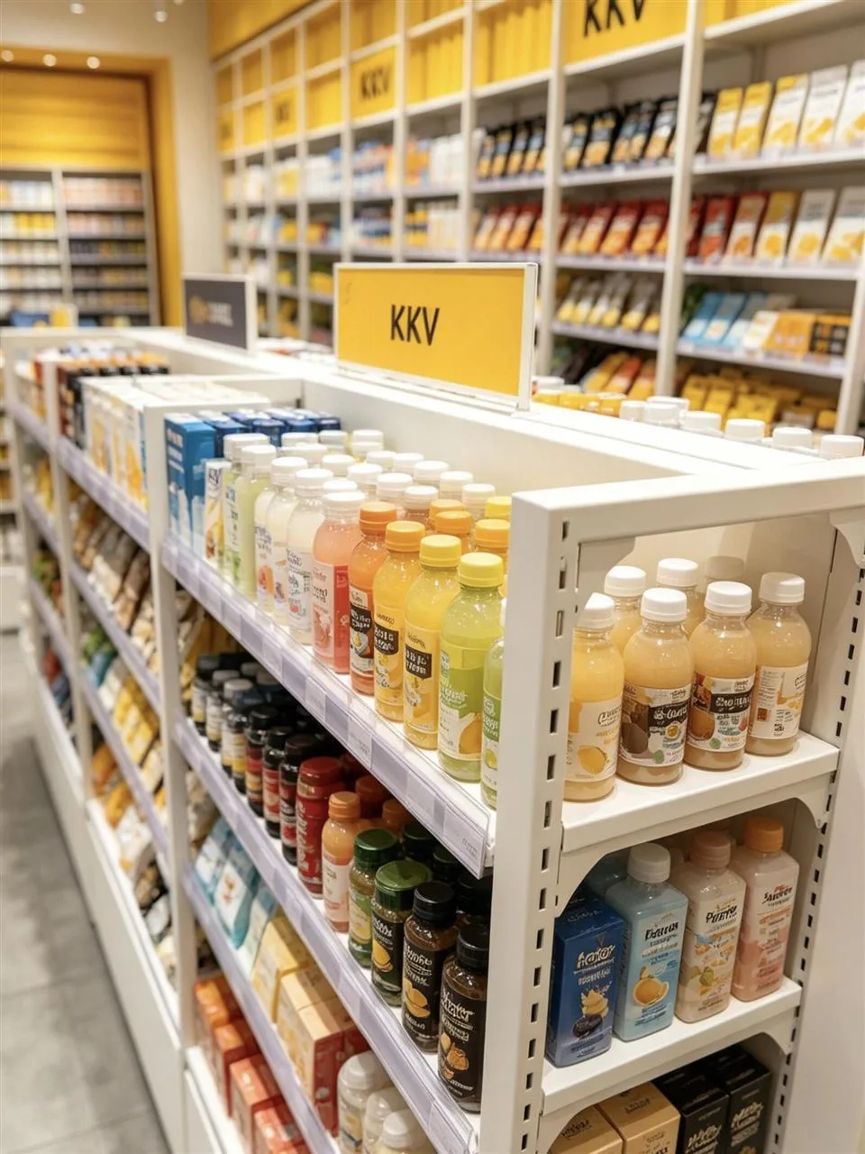 Gray Checkout Counter beside Yellow Wall Bays — reference view 5 of 5