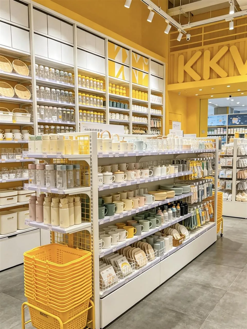 White Lifestyle Gondola with Yellow Shopping Baskets