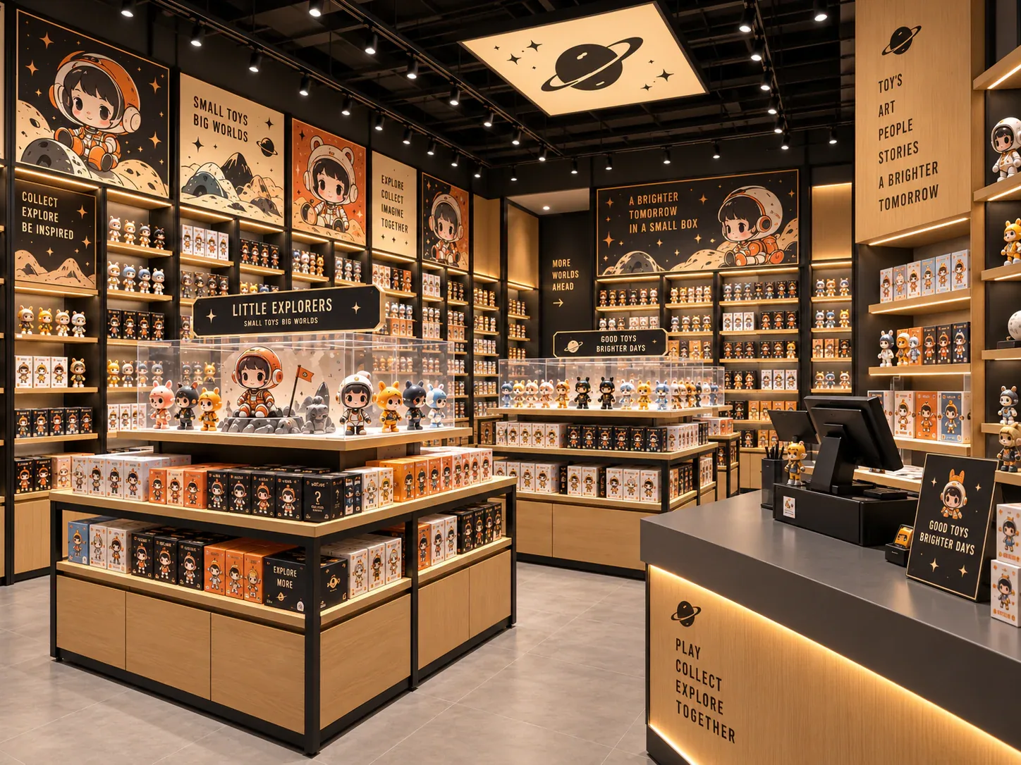 Space-Themed Collectible Store with Wood Cabinets — reference view 3 of 6