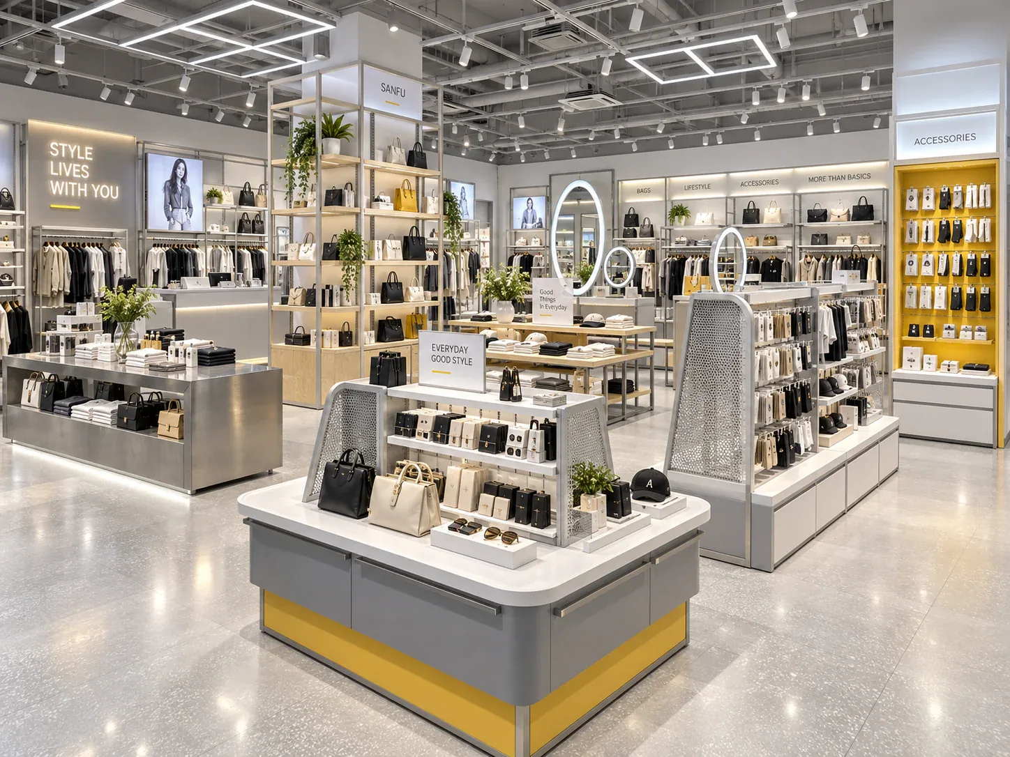 White and Gray Lifestyle Store with Yellow Bases