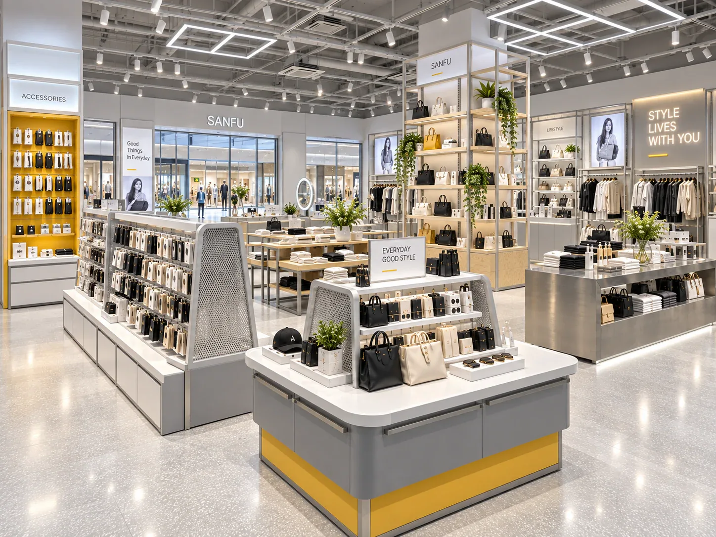 White and Gray Lifestyle Store with Yellow Bases — reference view 5 of 6