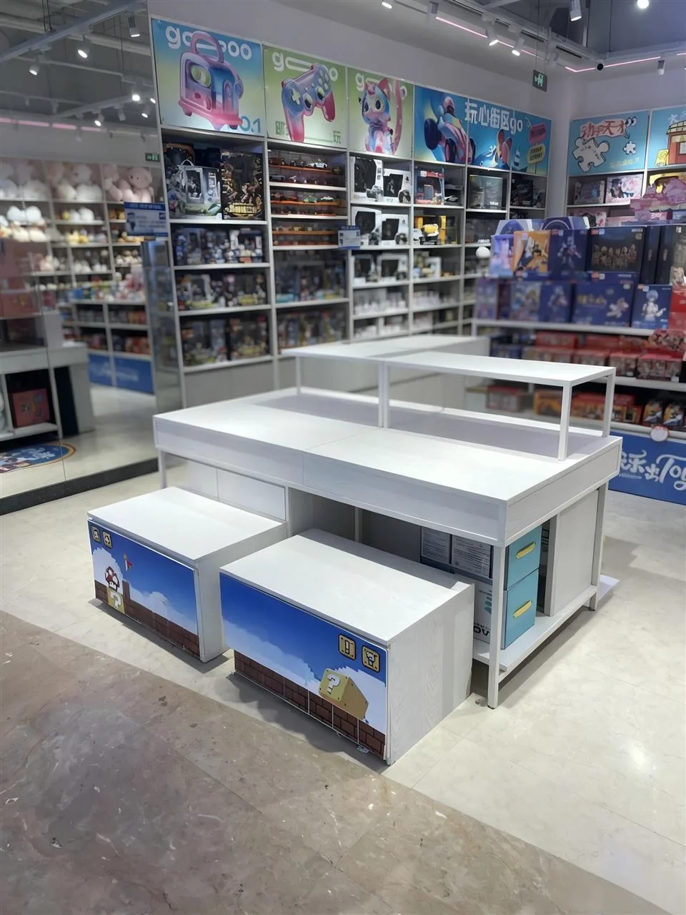White Multi-Bay Wall Display with Base Cabinets — reference view 2 of 18