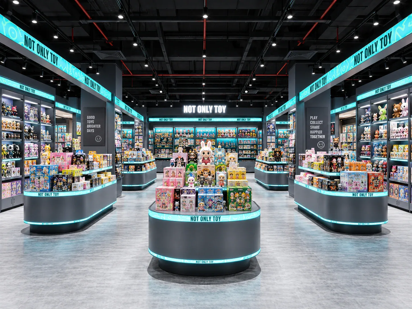Cyan and Black Toy Store with Rounded Islands — reference view 2 of 6