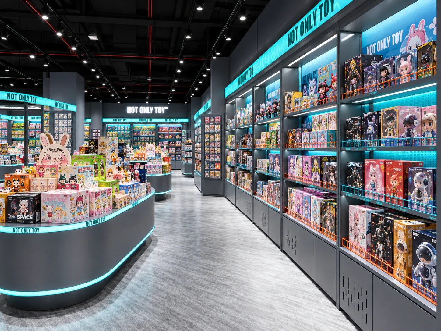 Cyan and Black Toy Store with Rounded Islands — reference view 4 of 6