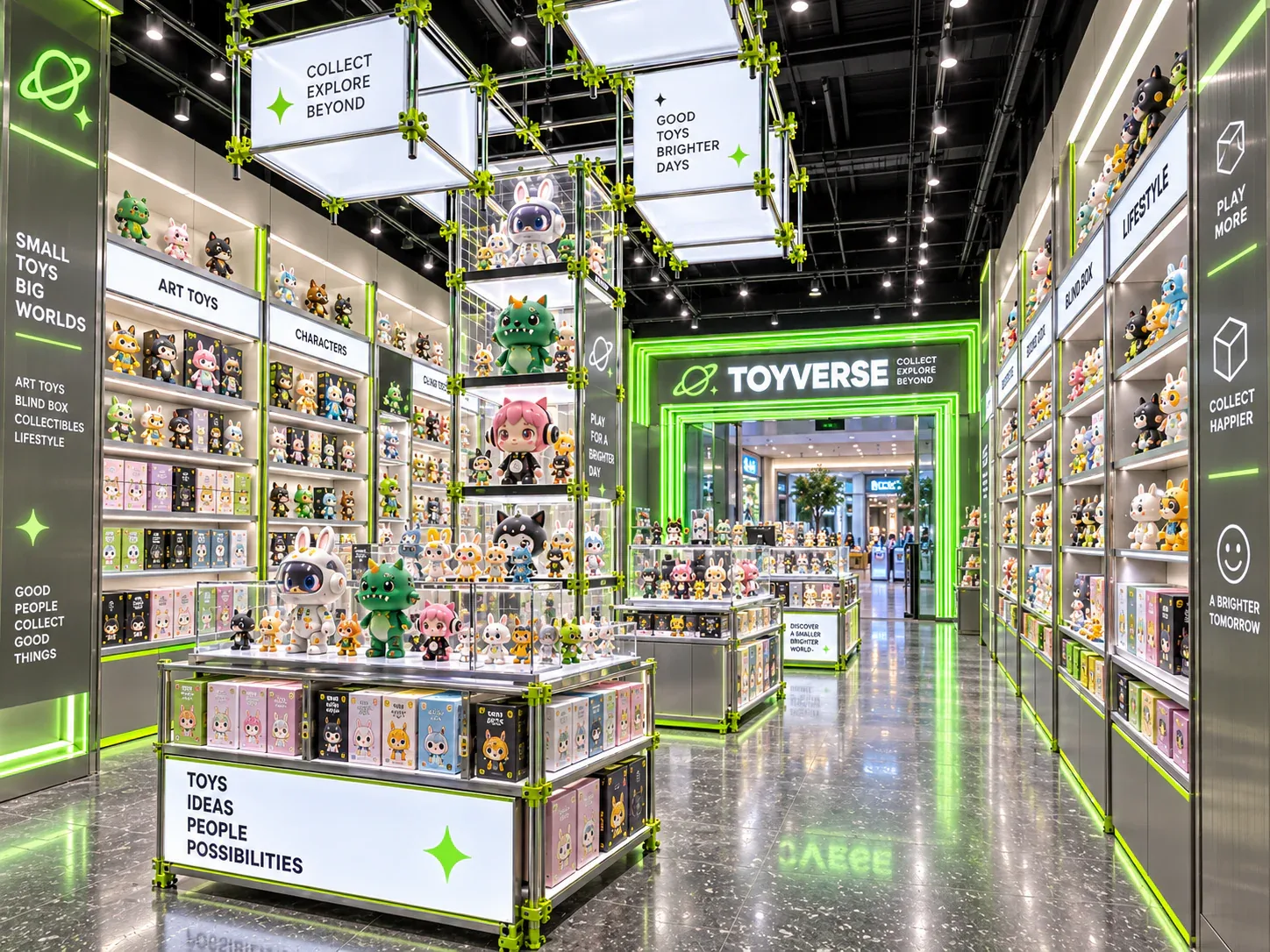 Lime-Framed Collectible Storefront with Compact Islands — reference view 4 of 6