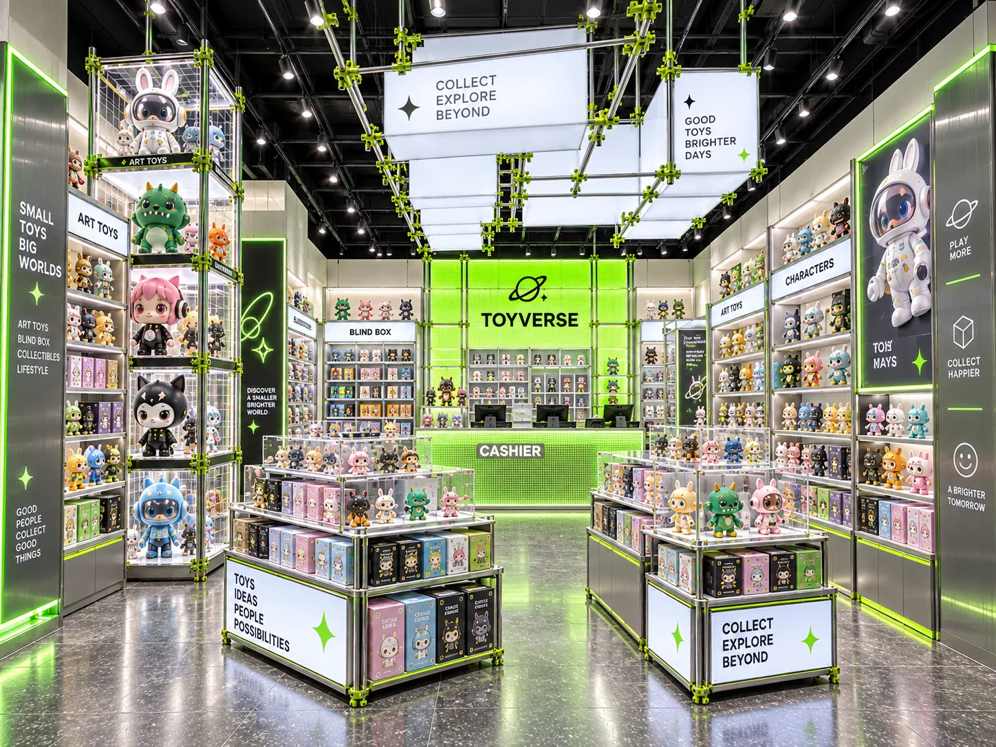 Lime-Framed Collectible Storefront with Compact Islands — reference view 5 of 6