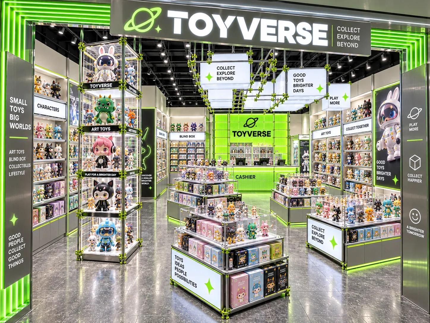 Lime-Framed Collectible Storefront with Compact Islands — reference view 6 of 6