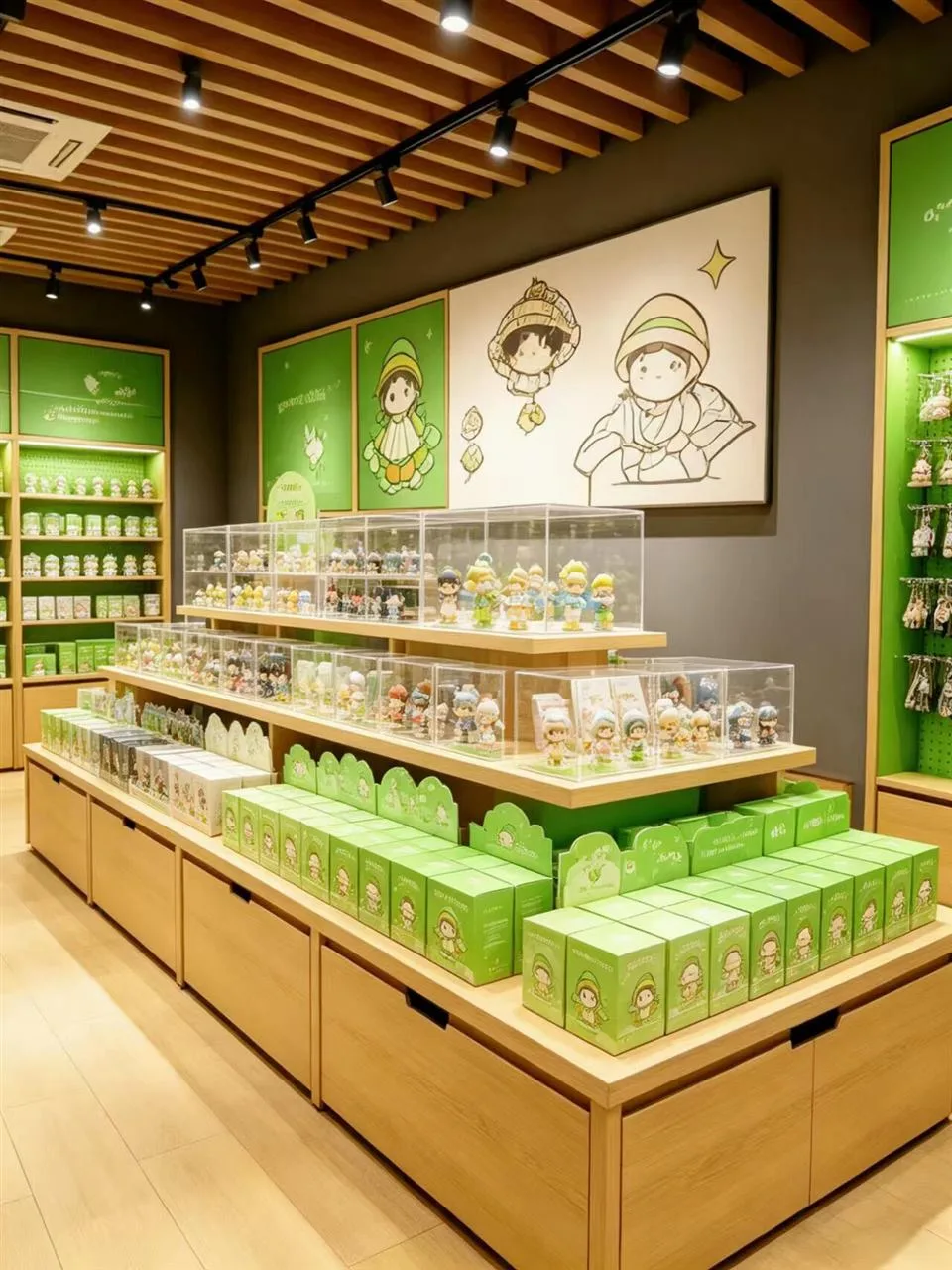 Green Recessed Shelving along a Narrow Gift Aisle — reference view 2 of 4