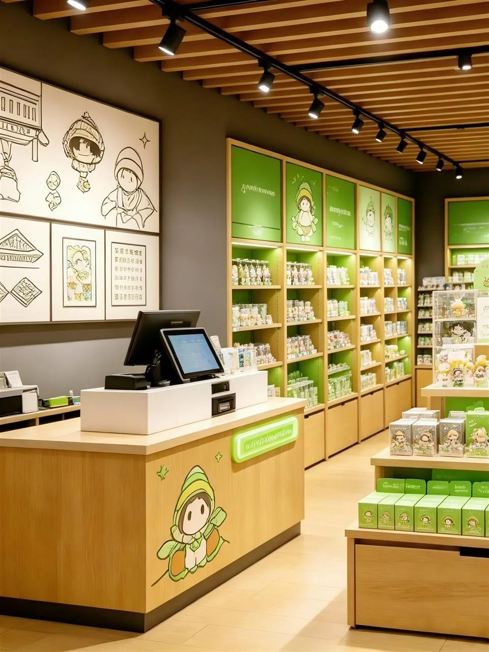 Green Recessed Shelving along a Narrow Gift Aisle — reference view 3 of 4