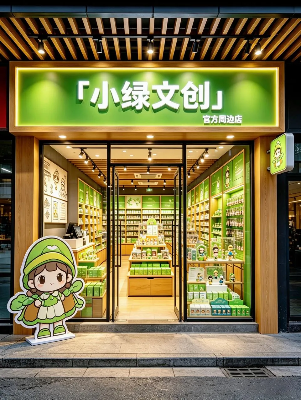 Green Recessed Shelving along a Narrow Gift Aisle — reference view 4 of 4