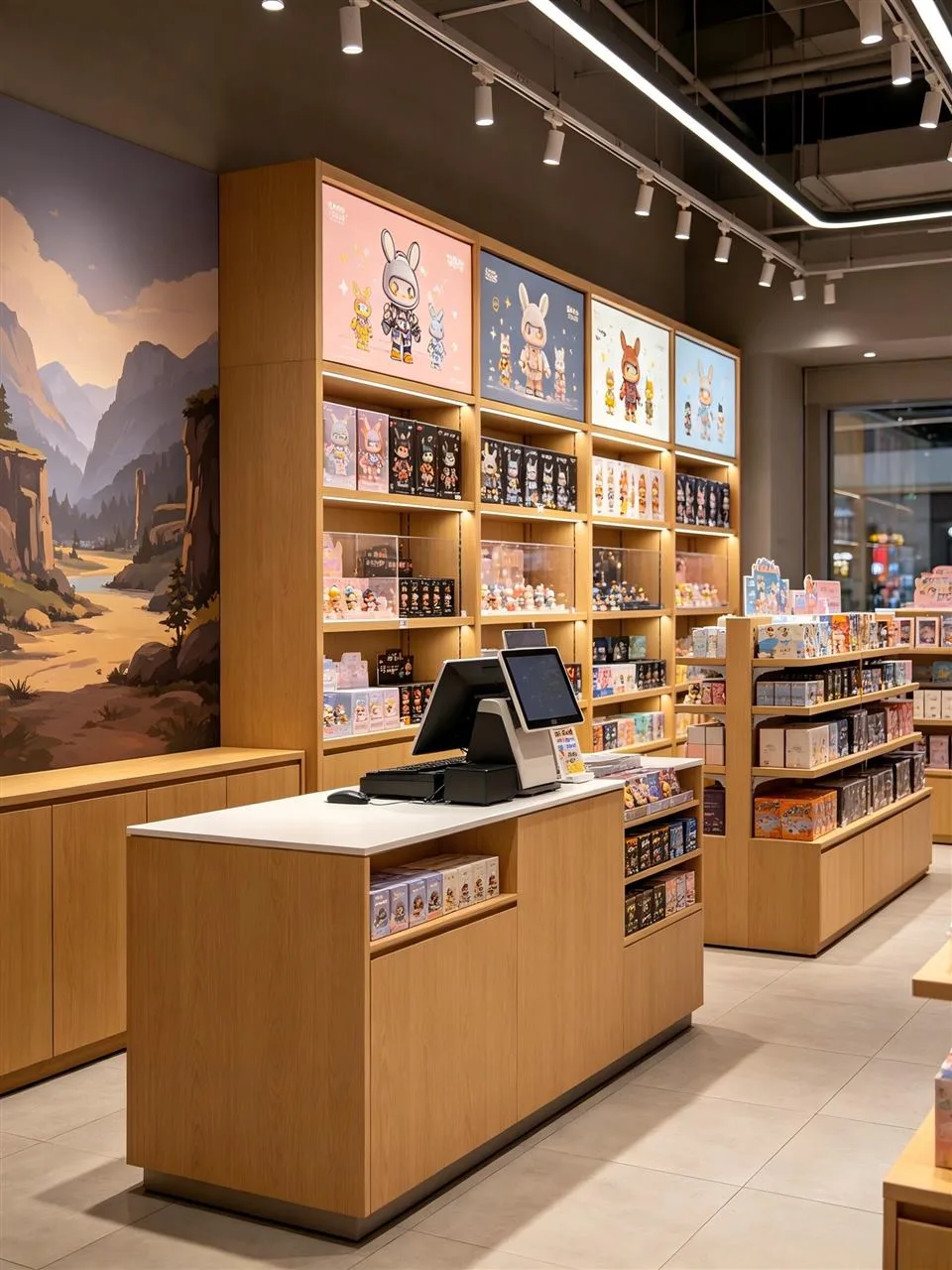 Wood Retail Checkout beside Illuminated Gift Shelves