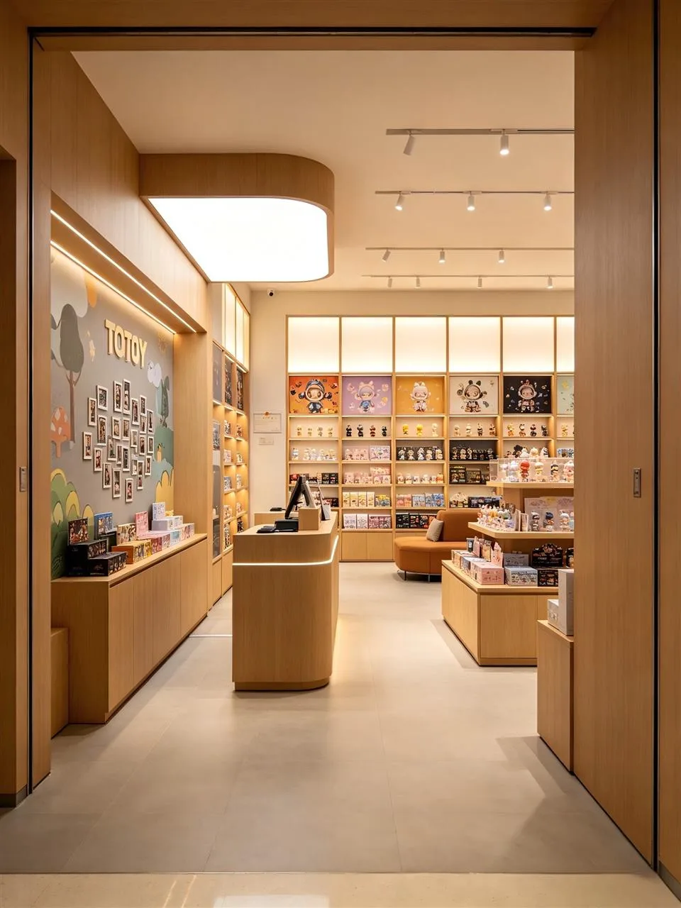 Wood Retail Checkout beside Illuminated Gift Shelves — reference view 2 of 4