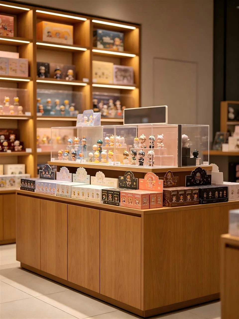Wood Retail Checkout beside Illuminated Gift Shelves — reference view 3 of 4