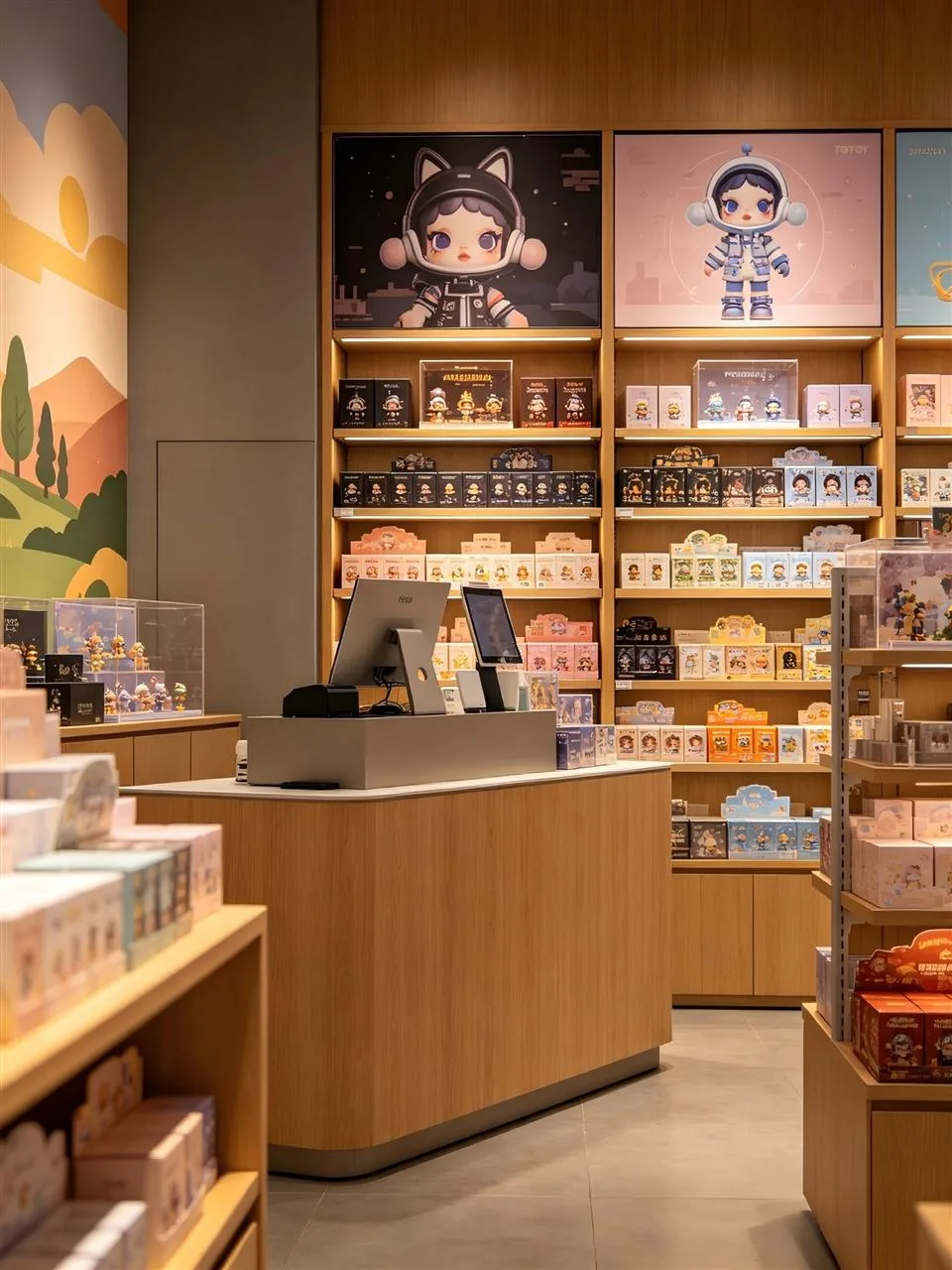 Wood Retail Checkout beside Illuminated Gift Shelves — reference view 4 of 4
