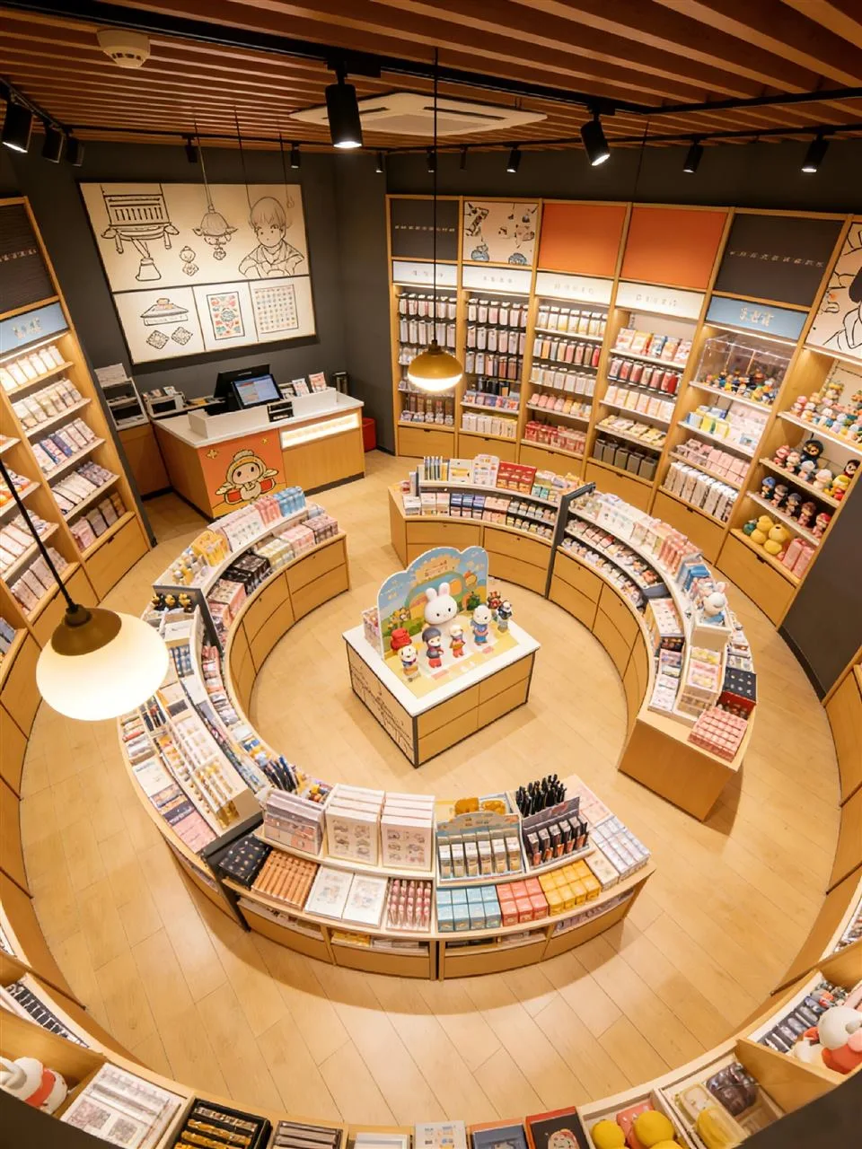 Circular Gift Store Table within Wood Wall Shelving