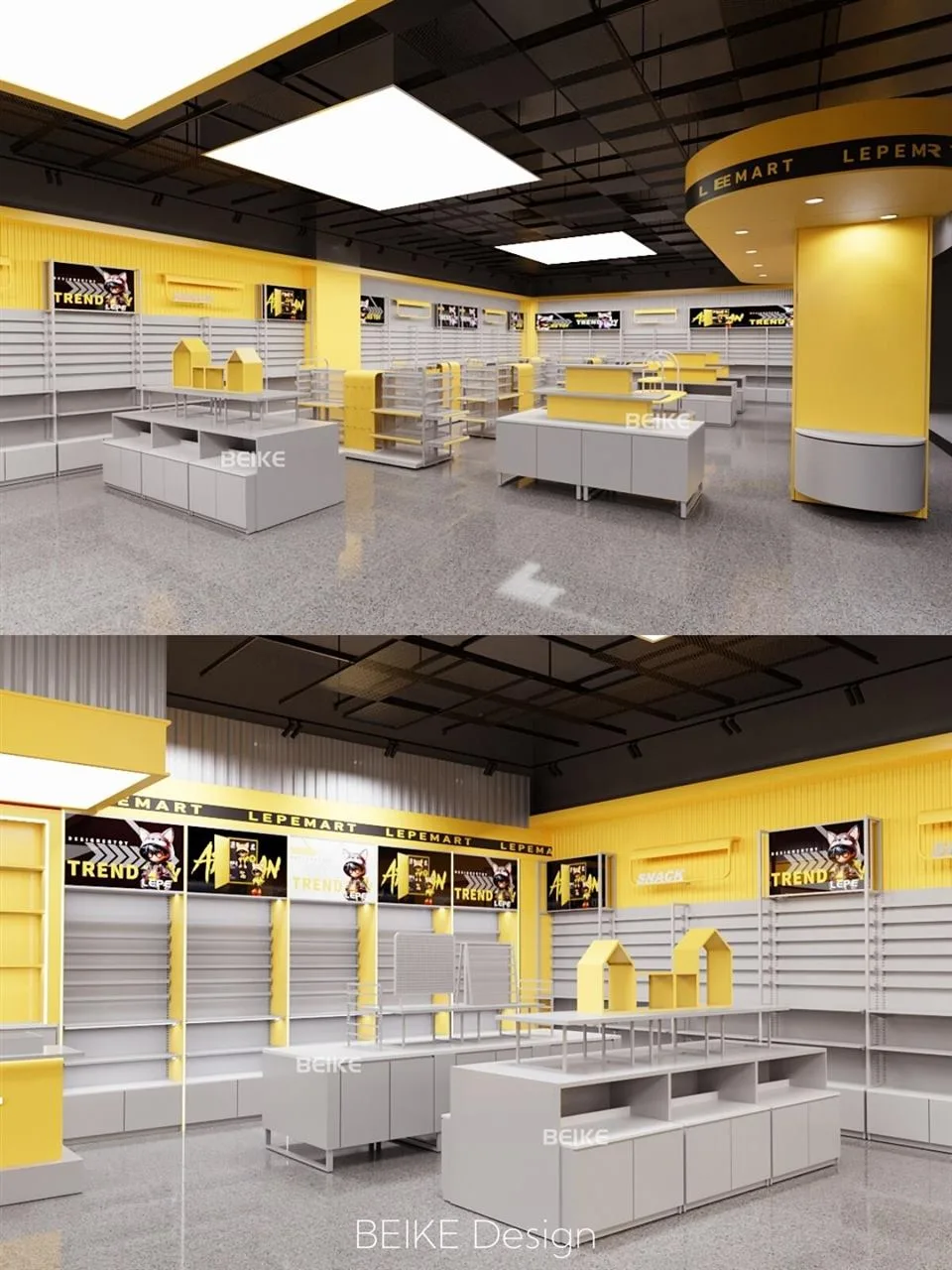 Yellow and Gray Toy Shop with Graphic Column