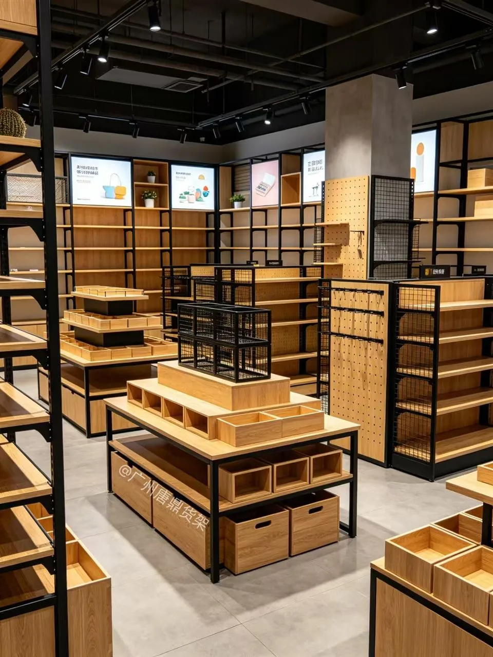 Wood and Black Open-Frame Retail Display Islands
