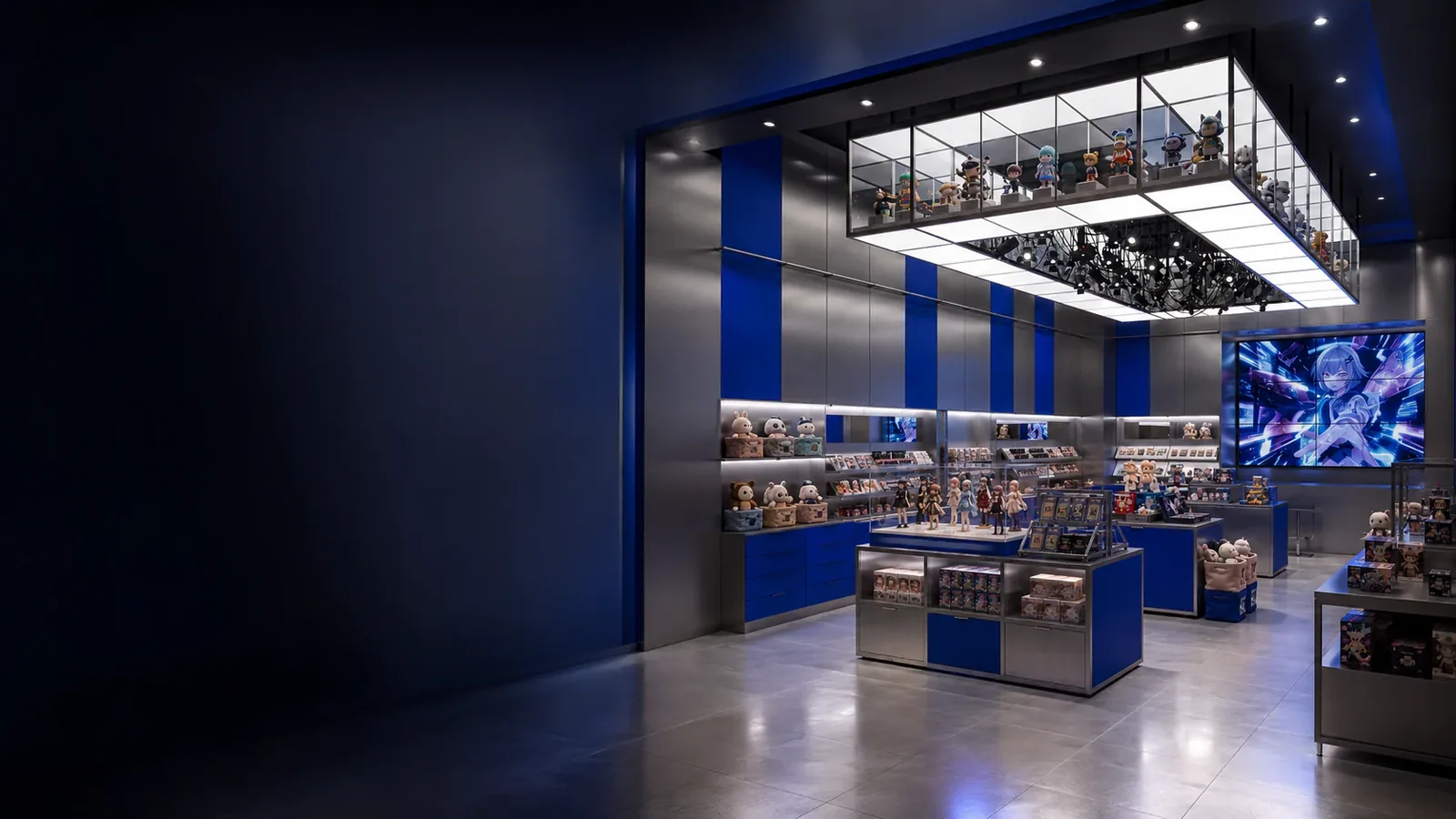 Blue and Silver Collectible Store with Glass Islands — reference view 3 of 6